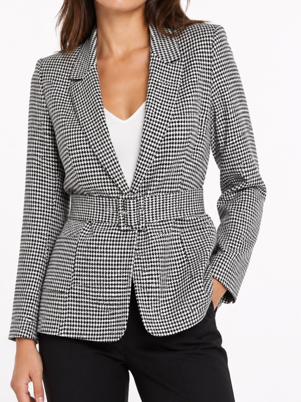 GIANNI BINI Black & White Houndstooth Blazer Jacket w Belt